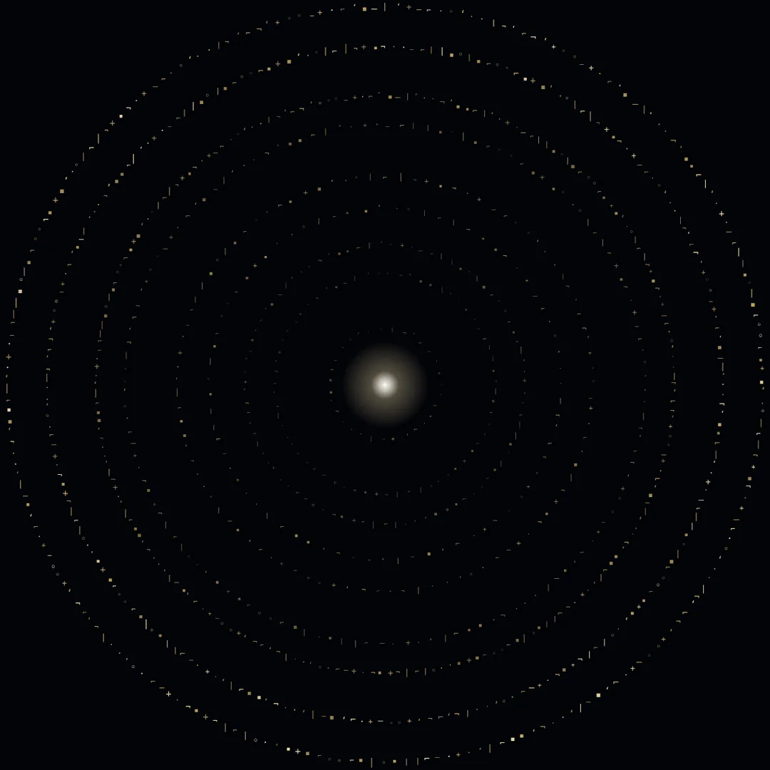 The corpus drawn as a wheel of gold glyphs: concentric identity-jittered rings around a molten ember core, one glyph per five working sessions.
