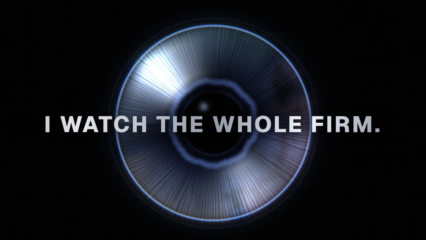 The agent platform's public face: a photoreal WebGL iris over true black with the line: I watch the whole firm.