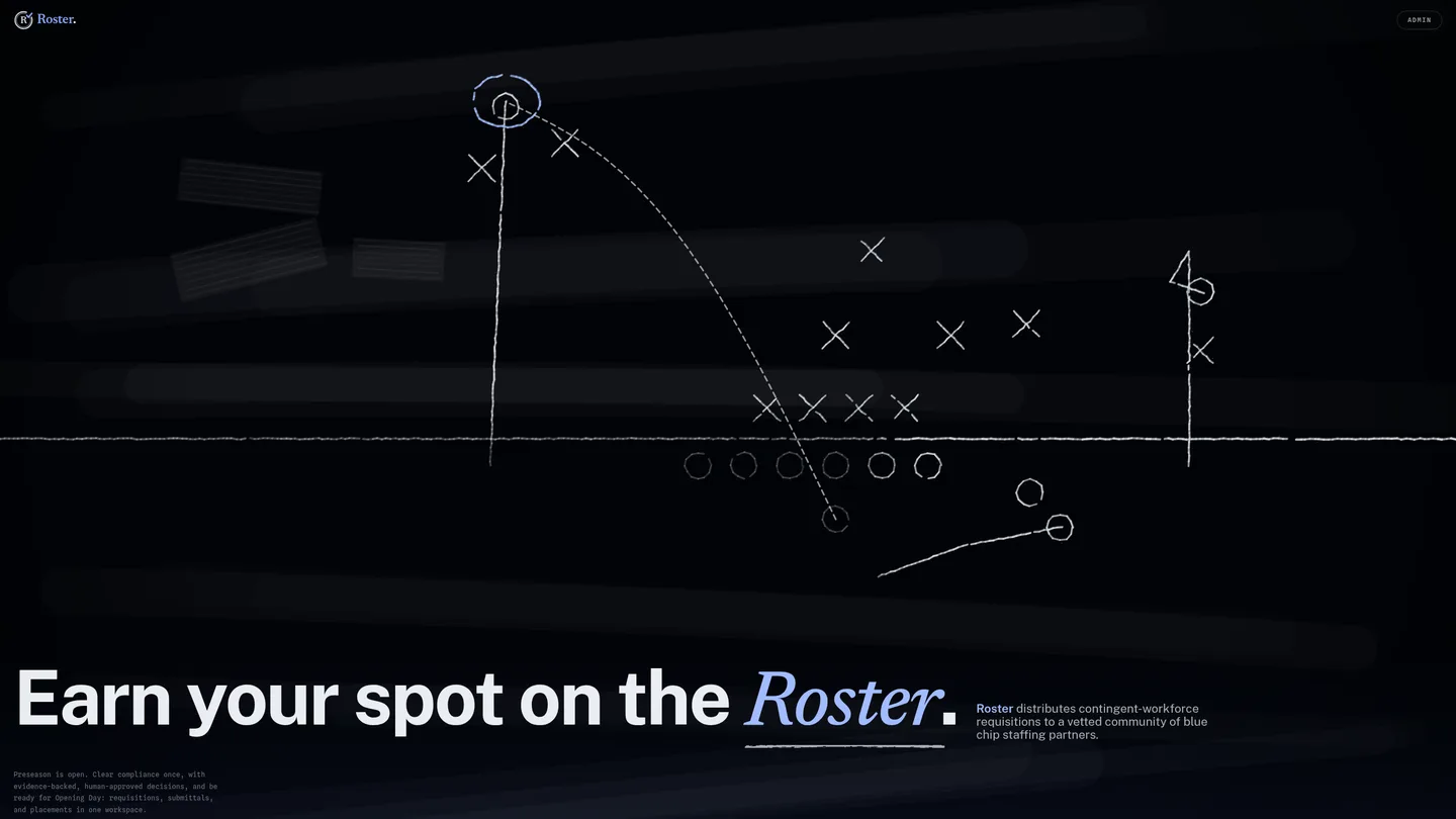 The marketplace splash: a hand-drawn chalk play diagram over deep blue-black, with the line: Earn your spot on the Roster.